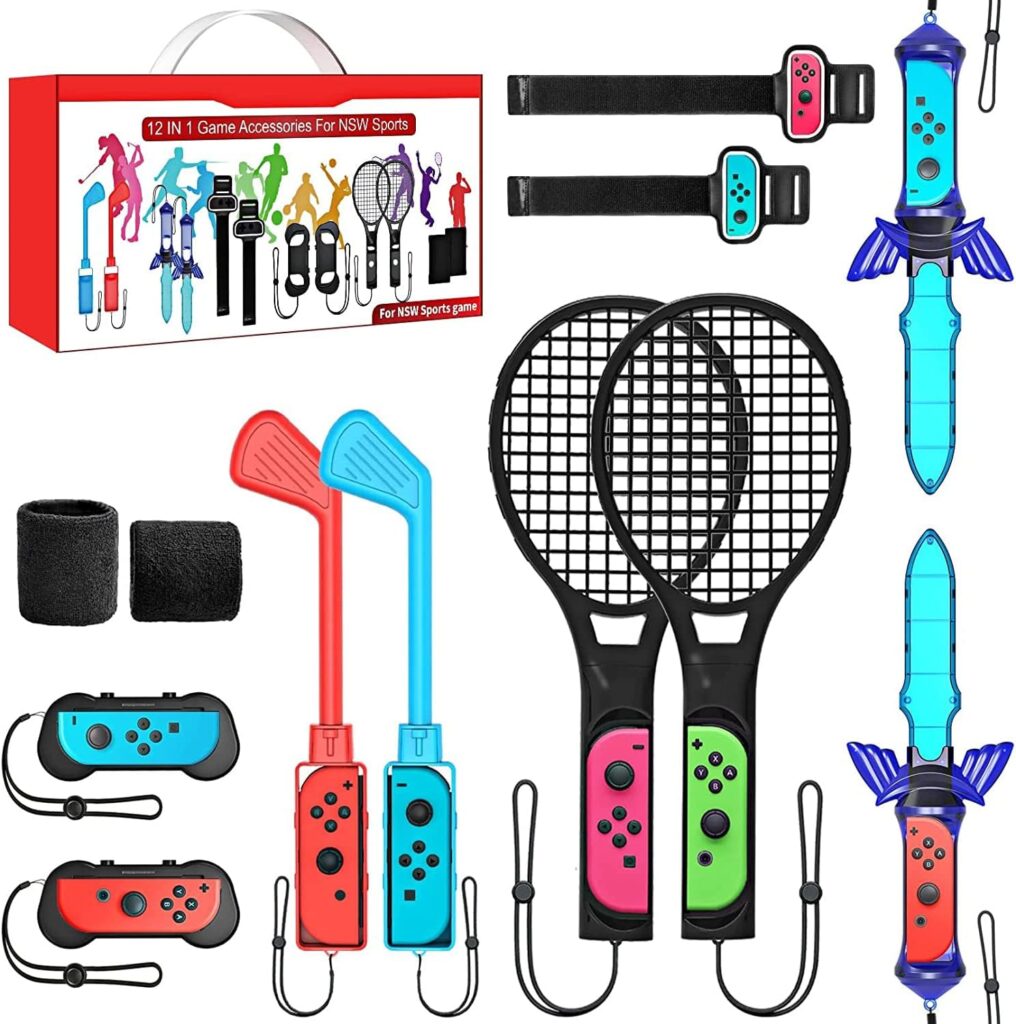 2023 Switch Sports Accessories Bundle Set , 12-in-1 Family Party Pack Game Accessories Kit for Nintendo Switch OLED Sports Games with Tennis Rackets, Golf Clubs ,Sword and Wrist Strap