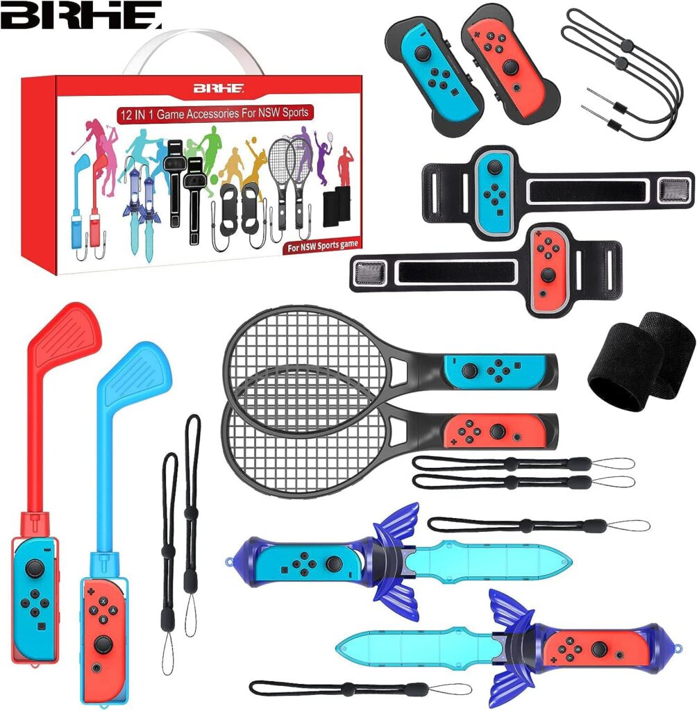 Bundle for Nintendo Switch Accessories,12 in 1 Switch Sports Accessories Bundle for Nintendo Switch Sports, Family Accessories Kit for Switch/OLED Sports Games:Golf Clubs,Tennis Rackets,Sword Grips,Just Dance,Etc.