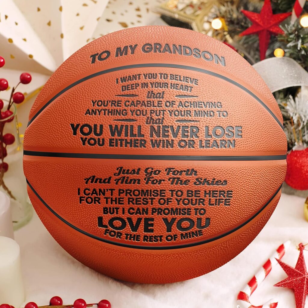 DOPTIKA Engraved Outdoor Basketball for Son Grandson - You Will Never Lose You Either Learn Or Win - Custom 29.5 Outdoor Basketball Gift Ideas for Men Birthday Back to School Graduation Gifts