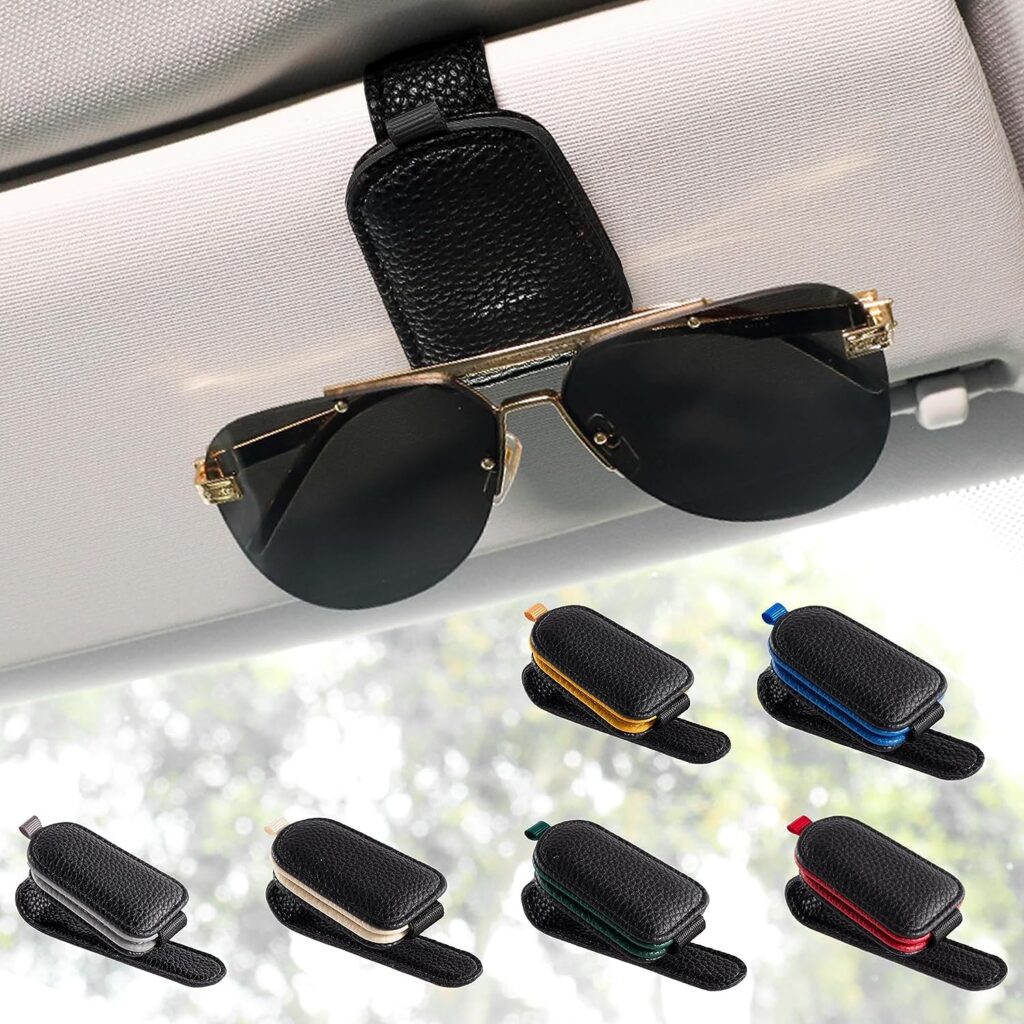 SINGARO Sunglasses Holder for Car, Leather Magnetic Buckle Sun Visor Sunglass Clip, Ticket Card Storage Glasses Clip, Car Interior Accessories for Men and Women（Black）