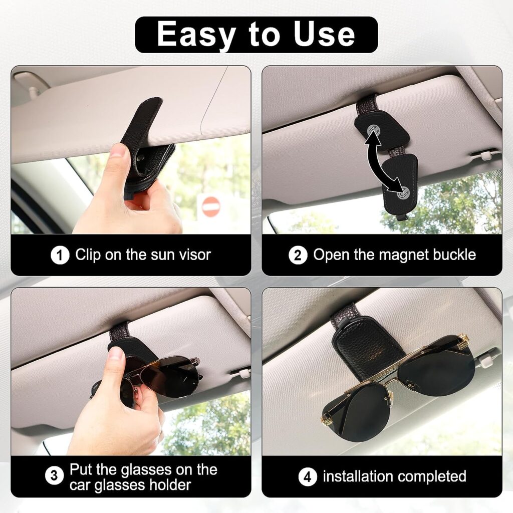 SINGARO Sunglasses Holder for Car, Leather Magnetic Buckle Sun Visor Sunglass Clip, Ticket Card Storage Glasses Clip, Car Interior Accessories for Men and Women（Black）