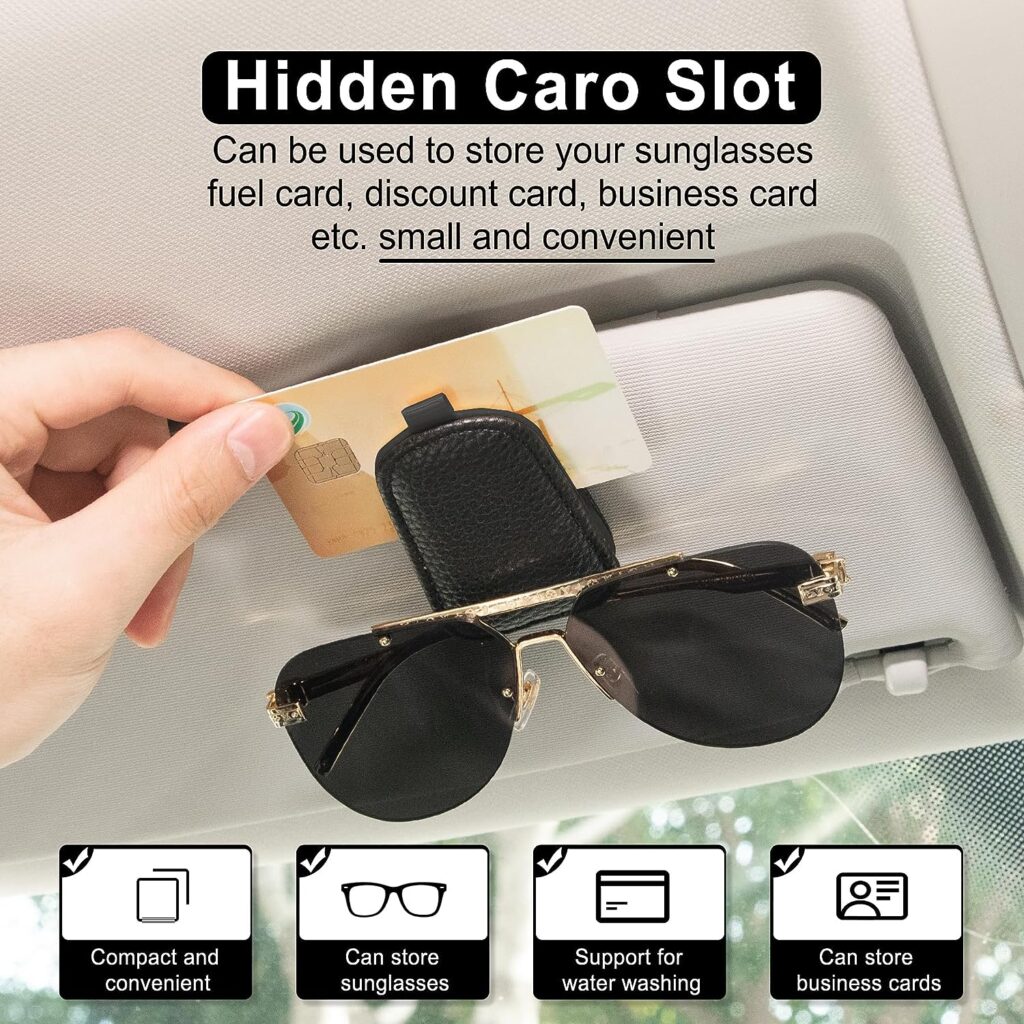 SINGARO Sunglasses Holder for Car, Leather Magnetic Buckle Sun Visor Sunglass Clip, Ticket Card Storage Glasses Clip, Car Interior Accessories for Men and Women（Black）