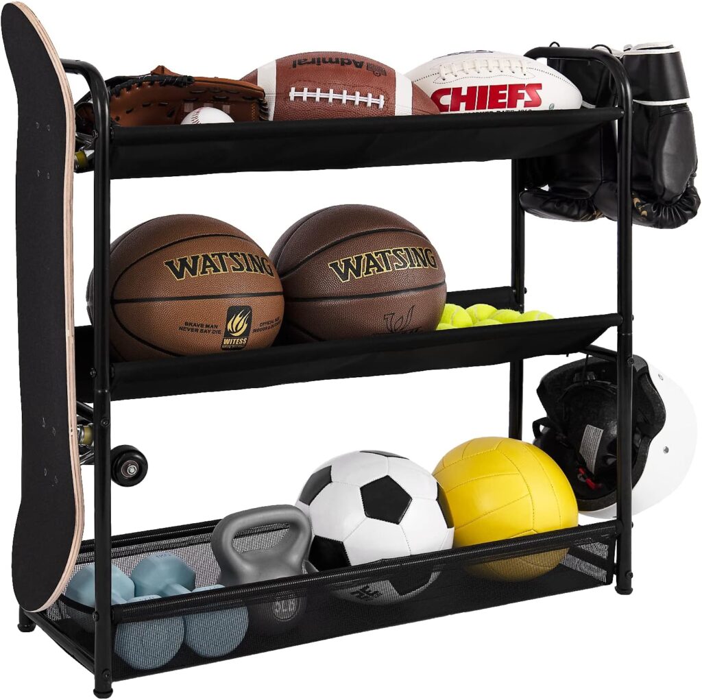 StorageWorks Sports Equipment Organizer, 3-Shelf Ball Rack for Basketball, Garage Toy Storage