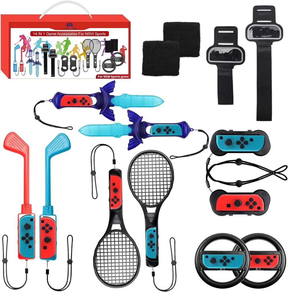 Switch Sports Accessories Bundle - 14 in 1 Family Accessories Bundle Pack for Nintendo Switch/Switch OLED with Tennis Rackets,Comfort Grips Golf Clubs,Swords,Steering Wheel,Wrist Bands and Leg Strap