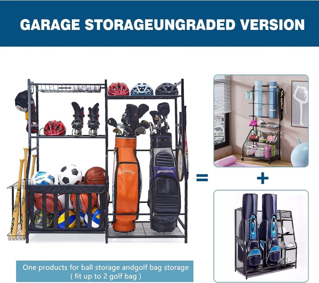 TNINE Golf Storage, 2 Golf Bag Storage Stand and Sports Equipment Storage Rack, Garage Organizer Shelves